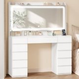 Hzuaneri 108 cm Postazione Trucco, Toeletta Trucco con Grande Specchio HD, 3 Colori luci LED Regolabili, 11 Cassetti, 3 Scomparti Portaoggetti e 1 Ripiano Superiore, Bianco DT43003XEU
