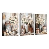 3 Pcs Quadri Moderni Fiori Rustici di Margherita Bianca Stampa su Tela Con Cornice, Retro Farmhouse Floreale Botanico Quadro Pittura su tela Poster da Parete Decor Soggiorno Camera da Letto 30x40cmx3