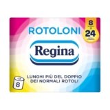 Rotoloni Regina – 8 Maxi Rotoli di Carta Igienica, 500 Fogli a 2 Veli, Lunghi Più del Doppio dei Normali Rotoli, Confezione 50% in Plastica Riciclata, Carta 100% Certificata FSC