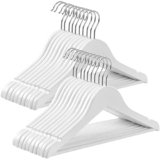 SONGMICS Set di 20 Grucce Bambini in Legno Massello, Grucce per Bambini, con Barra Appendiabiti, Scanalature, Gancio Girevole a 360°, Lunghezza di 35 cm, Bianco e Argento CRW06W-20