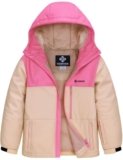 GEMYSE Girl’s Waterproof Ski Snow Jacket Windproof Winter Jacket with Hood(Neon Pink & Frosted Pink,14/16)