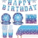 Frozen Party Plates Supplies, Blue and Purple Snowflake Winter Wonderland Disposable Tableware for Christmas Winter Holiday New Year Birthday Party Supplies Decorations, Serve 24