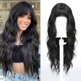 Esmee Parrucca Lunga Ondulata Nera per le Donne Capelli Sintetici Naturali Termoresistenti Parrucche Brunette con Frangia