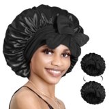 BONNET QUEEN Cuffia Seta Capelli Notte Reversibile Cuffia Capelli Ricci Notte, Doppio Strato Silk Bonnet con Lacci Lunghi Regolabili Protettiva Anti-crespo, Nero, M
