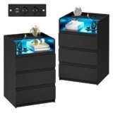 ANWBROAD Comodino Con Presa Elettrica Illuminazione a Striscia LED,3 Cassetti e 1 Ripiano Comodino Moderno Tavolino Tavolino da Camera da Letto Tavolino da Salotto (2, Nero) BNS014B