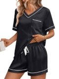 LILLUSORY Womens Silk Satin Pajama Set 2025 Short Sleeve Pjs Loungewear 2 Piece Sleepwear Matching Lounge Outfit Black S