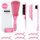 UREELIN Detangler Brush Set for 3a,4c,Wig/Thick/Wavy/Curly/Wet Slick Back Hair Brushes,Rat Tail Combs,8-Row,Edge Brush,For braiding,teasing,parting,styling,kids,girls,women(Pink)