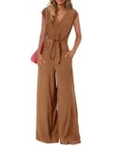 PRETTYGARDEN Women’s Summer 2 Piece Outfits 2025 Cap Sleeve V Neck Belted Crop Tops Wide Leg Pant Sets Casual Tracksuit(Solid Camel,Small)