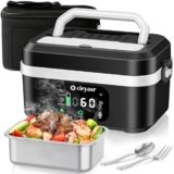CIRYASR Scaldavivande Elettrico Portatile a Batteria 20000mAh, 100W Ricaricabile Lunch Box con Contenitore Interno da 1,35L in Acciaio Inox e Posate, Scaldavivande Senza Fili per Ufficio Auto Viaggi