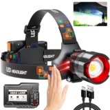 YUSEUB Rechargeable Headlamp 4000 High Lumens, Super Bright LED Head Lamp with Motion Sensor, 12 Modes, IPX7 Waterproof, 125° Adjustable, Zoomable Headlight for Adults, Camping, Cycling, Running