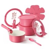 CAROTE Ceramic Sauce Pan Sets with Stand-Up Lid 2QT& 3QT & 4QT, 11 Piece NonStick Kitchen Cookware Sets with Detachable Handle, Non Toxic Cooking Pot, Oven Safe, Induction Ready, Pink