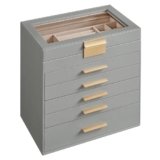 SONGMICS Scatola Portagioie, 6 Livelli, Coperchio in Vetro, 5 Cassetti, Porta Gioielli, Occhiali da Sole e Accessori Grandi, Moderno, Grigio Tortora e Dorato JBC171G01