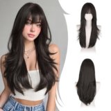RUWISS Marrone Scuro Parrucca Lunga Layered Con Frange per Donna, 65cm Parrucche Naturale e Liscia Dritto Fibra Sintética Resistente per Uso