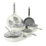 Sur La Table Kitchen Essentials 10 Piece PFA Free Non-Toxic Titanium Ceramic Nonstick Interior Forged Aluminum Cookware Pots and Pans Set – Linen White – Induction Compatible