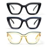 kollyseek 3 Pack Occhiali da lettura Donna Oversize Cat Eye con cerniera a molla Anti Azzurro(2.5, Nero blu giallo)