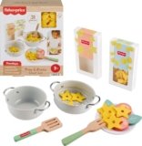 Fisher-Price Wood Pretend Cooking Set, Pots & Pasta Chef, 31 Pieces Play Food & Wooden Utensils for Preschool Kids Ages 3+ Years