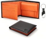 TEEHON® Portafoglio Uomo Slim Vera Pelle Blocco RFID, con Tasca Portamonete,2 Scomparti Banconote,10 Porta Carte di Credito, Portachiavi. Portafogli Piccolo Sottile-nero e arancione