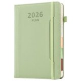 Agenda accademica 2026, formato A5, una pagina per giorno, da gennaio a dicembre, rigida con portapenne, tasca frontale, linguetta mensile colorata, chiusura