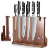 ENOKING Grande Ceppo Coltelli da Cucina, Porta Coltelli Cucina Doppio Lato Magnetico con Schermo Acrilico, Ceppo Coltelli Vuoto con Affilacoltelli, Portacoltelli da Cucina Magnetico in Legno di Acacia