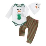 FYBITBO My First Christmas Baby Boy Girl Outfits Newborn Infant Snowman Romper Onesie Pants Hat 1St Christmas Clothes Set (White-Snowman, 0-3 Months)