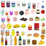 50 Pcs Miniature Food Drink Bottles Soda Pop Cans Pretend Play Kitchen Game Party Accessories Toys Hamburg Cake Ice Cream for 1/12 Doll House (25Food+25Drink)