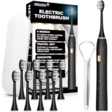 FXQQZZ Electric Toothbrush for Adults and Kids, with Tongue Scraper and Travel Case, 8 Brush Head, Smart Timer & 4 Modes Rechargeable Toothbrush, 42000 VPM Deep Clean, One Charge Last 90 Days – Black