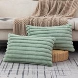 ZLINA Set of 2 Light Green Faux Fur Decorative Throw Pillow Covers Fluffy Striped Pillowcase Cushion Covers 12 x 20 Inch Decor Sofa Couch Bedroom