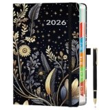 2026 Agenda A5 – Una pagina al giorno, agenda annuale (gennaio-dicembre 2026) con schede mensili colorate, design floreale, portapenne elastico, 2 segnalibri, passante per penna e tasca interna, nero.