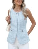 Kedera Women’s Blue Houndstooth Tweed Blazer Vest Sleeveless Button Down Slim Fit Casual Blazer Jacket