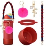 Silicone Boot Set Accessories for Owala Water Bottle 40 oz, Including Handle Strap Protective Sleeve Plush Ball Keychains for FreeSip, Twist, and Flip Stainless Steel Water Bottles(Dark Red)