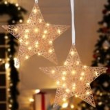 Lewondr Lampada a Sospensione Decorativa, 2PCS Lanterna Stella Struttura Metallica Decorata dalle Perline di Luce, Lampada Sospesa Natalizia con Timer Automatico, Alimentazione Due AA Pile, Oro Rosa