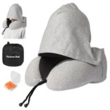 Travel Neck Pillow with 100% Light-Blocking Hood – Ergonomic Memory Foam Support Pillow for Airplane, Long Flights, Road Trips, Office and Car, Full Head and Neck Support with Skin-Friendly Cover