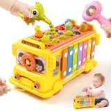 Busy Activity School Bus Toy for Toddlers Age 3+, 10-in-1 Montessori Sensory Learning Toy with Shape Sorting Xylophone Radish Pulling Whack-a-Mole Clock, Smart Gears Educational Toy for Boys & Girls