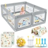 SOFTHOM Box Bambini 150×180 con Tappeto, Recinto per Bambini con 360° Rete Traspirante, Tessuto Oxford, Laterali con Zip, Antiscivolo Robusta Centro Attività, 60 Palline, 4 Maniglie, Dinosauro grigio