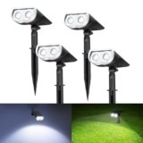 Linkind Luci Solari da Giardino, 4 pack Faretto Solare Bianco Freddo 6500K con 2 Modalità, 350Lm Lampade Luci Solari Esterni Impermeabile IP67 per Cortile Prato Piscina, 2 Opzioni di Installazine
