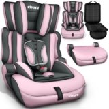 KIDUKU Seggiolino auto con coprisedile, cresce con il bambino, sedile, universale, approvato con la normativa ECE R129/03, 9-36 kg (1-12 anni), gruppo 1+2+3 (Grigi-/Rosa)