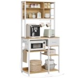 VASAGLE Scaffale Cucina con Multipresa, Mobile Cucina, 40 x 80 x 180,4 cm, Scaffale per Microonde, Ripiani Regolabili, Cassetto in Tessuto, 12 Ganci, Rovere Dorato e Bianco Nuvola KKS015Y02