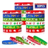 Christmas Rubber Bracelets 30 PCS Bulk Christmas Party Favors Stocking Stuffers for Kids Silicone Wristbands Goodie Bags Stuffers Xmas Toys Student Gifts Party Supplies Decorations Classroom Prizes