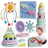 Silicone Baby Teething Toys Gift Set – 5-in-1 Silicone Teethers for Babies – Montessori Toys for 1 Year Old – Stacking Cups, Ring Stacker Toy, Pull Toy, Puzzle – Gift Case – BPA-Free, Dishwasher Safe