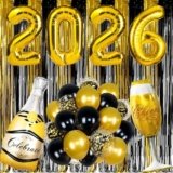 KAXIXI 2026 Happy New Years Party Decorations, Gold Black Foil Fringe Curtains Number 2026 Party Balloons for New Year Photo Props, 2026 New Year’s Eve Party Supplies，Graduation School Decor