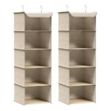 SONGMICS Set di 2 Portaoggetti da Appendere, Organizer Armadio da Appendere, Pieghevole e Salvaspazio, con Ganci in Metallo e Divisori Interni in Bambù, Stampa in Simil Lino, Beige Sabbia RCH005Y02