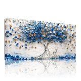 SERIMINO Quadri Moderni Soggiorno Grandi, Quadro Albero Della Vita, Stampe Naturale da Parete, Blu Dorata Piante Decorativa Murali per Salotto Camera da Letto Corridoio Ufficio 59×119 cm