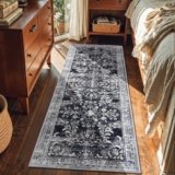 Yamaziot Washable Runner Rug 2×6 – Non Slip Boho Floral Hallway Runner Rug with Rubber Backing,Low Pile Faux Wool Distressed Carpet for Kitchen, Laundry, Bedroom, Entrance, Navy/Black
