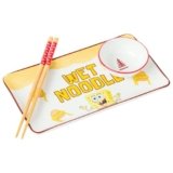 Silver Buffalo Spongebob Squarepants Wet Noodle Krabby Patty Ceramic Sushi Set with Dipping Sauce Dish and Matching Chopsticks