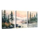 3 Pcs Tramonto Paesaggio Lago Stampa su Tela Con Cornice, Rosa Nebbioso Foresta Montagna Acquerello Quadri Pittura su tela poster Decorazione Murale Adatto Soggiorno Camera da letto 40x60cmx3Pcs