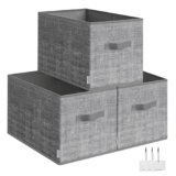 SONGMICS Scatole Portaoggetti Pieghevoli, Set di 3 Contenitori, 50 x 30 x 30 cm, Organizzatori per Armadio, 2 Maniglie, Portaetichette, per Camera da Letto Soggiorno, Grigio Giunco ROB450G01