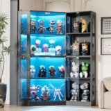 Vetrina Espositiva in Vetro con LED, Vetrinetta Espositiva Angolare con Sensore, Porta in Vetros e 8 Ripiani, Moderni Espositore Plexiglass Vetrina Espositiva per Collezionismo Soggiorno,165x100x60cm
