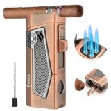 FANKAI Accendisigari con 4 Torce Jet Flame, Perforatore di Sigari, Portasigari, Potenziatore per Sigari, Accendino Torcia Ricaricabile, Multifunzionali Accendini Antivento per Fumare (BRONZO)