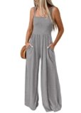 KIRUNDO Womens Jumpsuit 2026 Summer Casual Loose One Piece Overalls Smocked Sleeveless Wide Leg Rompers With Pockets(Light Grey, XX-Large)