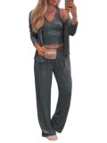 Tankaneo Womens 3 Piece Pajama Set Long Sleeve Shirts V Neck Tank Top Wide Leg Pants Sweatsuit Lounge Sets 2025 Dark Grey